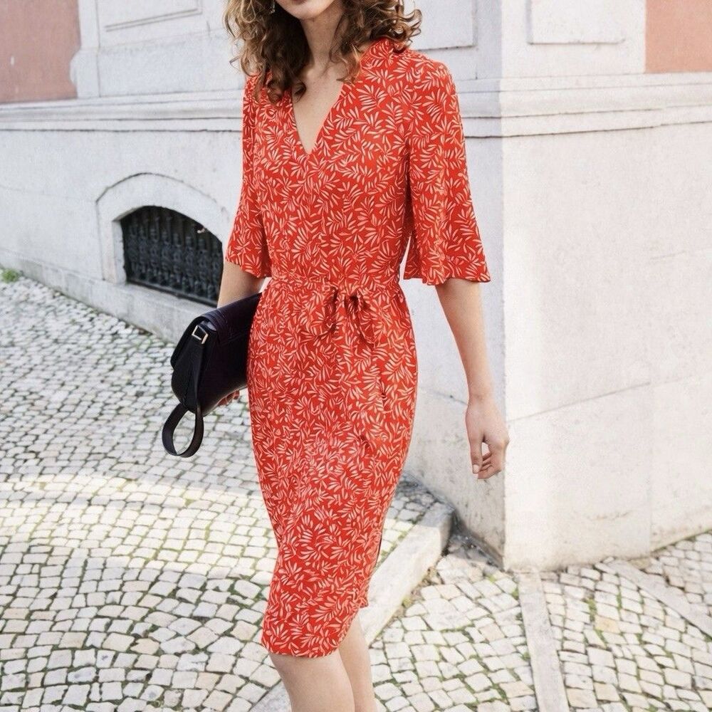 Boden Ines Dress Red Olive Branch Print Tie Waist Midi Women US 16